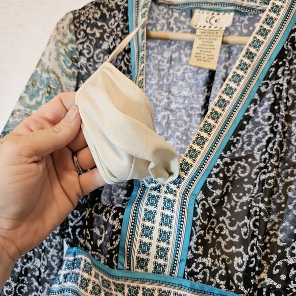 ICE Dress Turquoise Black Green Kimono Style Sash Built In Slip Size 6 - Picture 6 of 9